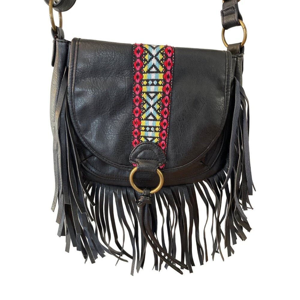 Arizona Jean Co Black Faux Leather Crossbody Bag Fringe / Boho Embroidered M Siz - Picture 2 of 11